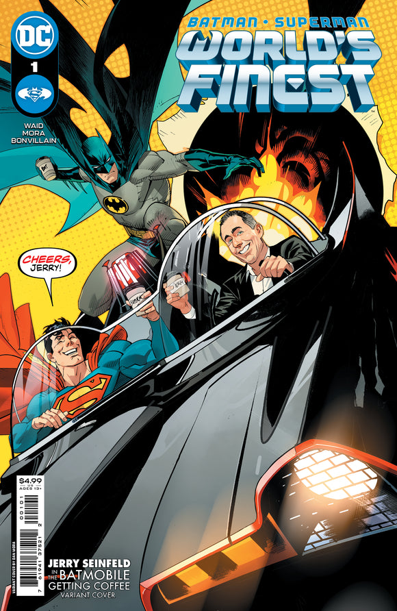 BATMAN SUPERMAN WORLDS FINEST #1 CVR J  DAN MORA JERRY SEINFELD IN THE BAT-MOBILE GETTING COFFEE CARD STOCK VAR